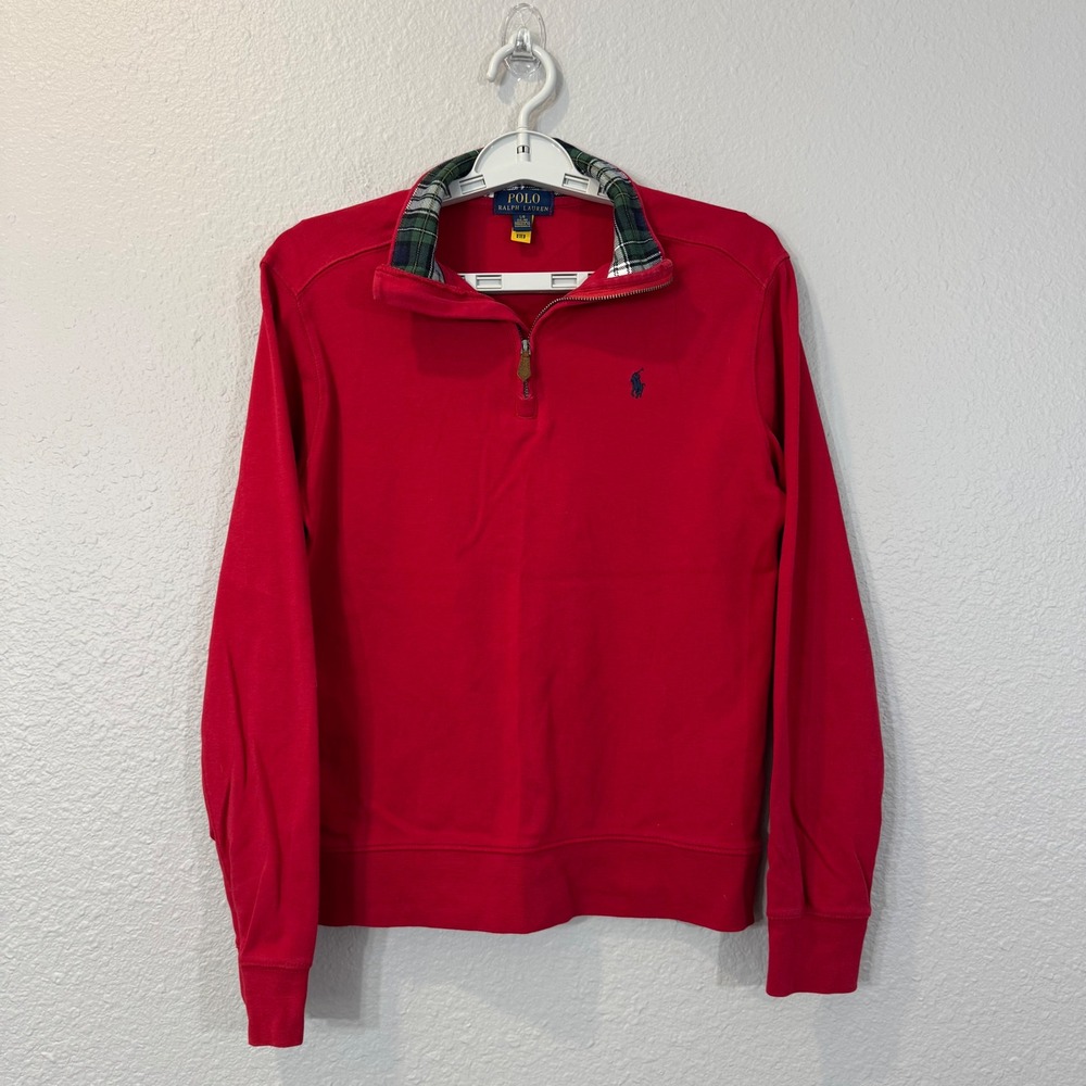 Polo Ralph Lauren Boy's Size L (14-16) Red Plaid Lined Quarter Zip Pullover